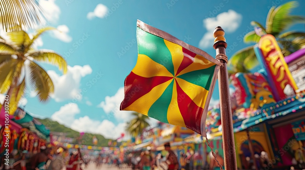 A colorful flag with a sunburst design waves in the breeze against a backdrop of palm trees and a bustling marketplace. A colorful flag with a sunburst design waves in the breeze against a backdrop of palm trees and a bustling marketplace.