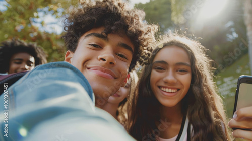 Happy diverse teens taking a selfie