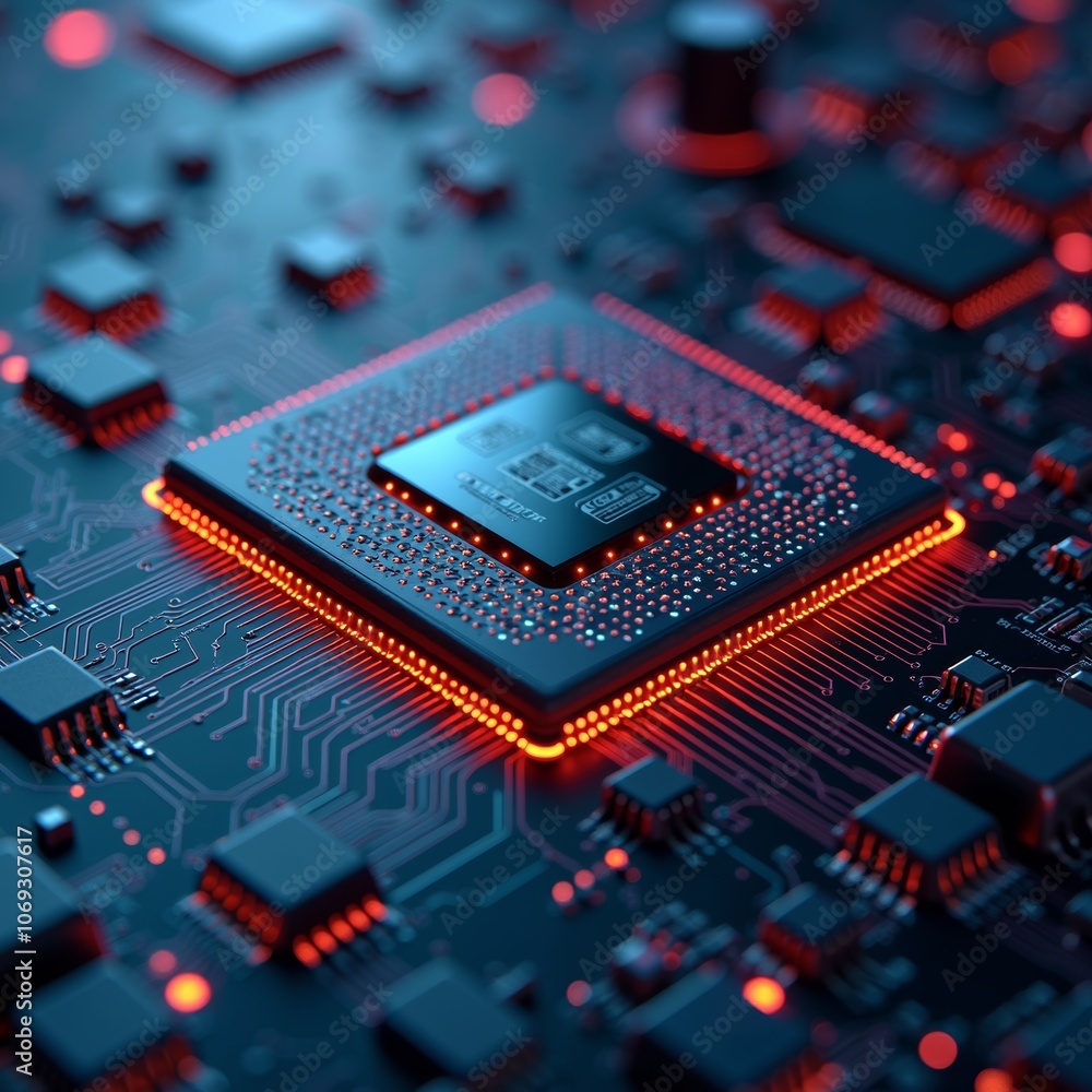 Fototapeta premium Glowing microchip on circuit board - ideal for tech blogs, AI websites, computer hardware presentations, and futuristic concept designs