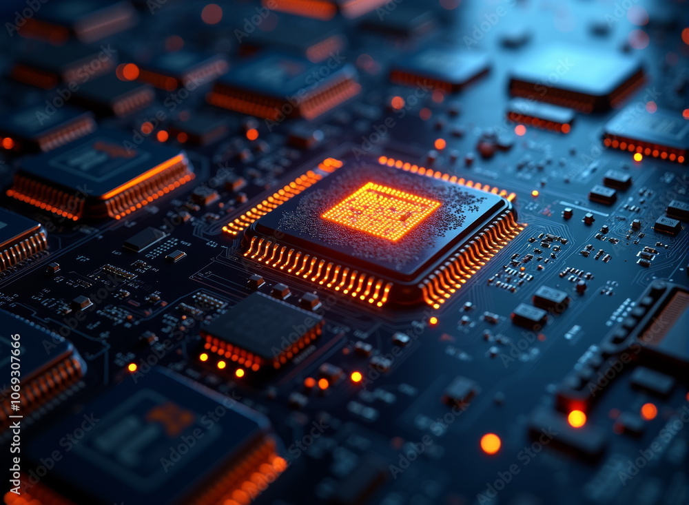 Glowing microchip on circuit board - perfect for tech blogs, AI websites, computer science presentations, digital transformation infographics, and futuristic designs Glowing microchip on circuit board - perfect for tech blogs, AI websites, computer science presentations, digital transformation infographics, and futuristic designs