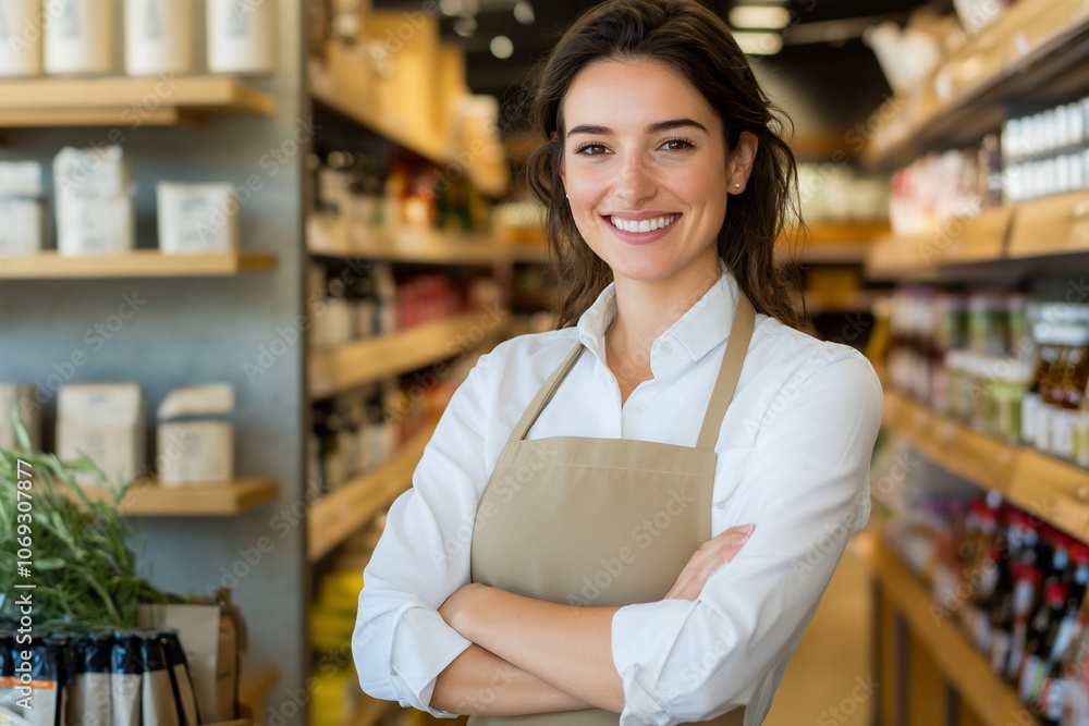 A smiling woman in an apron stands confidently in a grocery store. A smiling woman in an apron stands confidently in a grocery store.