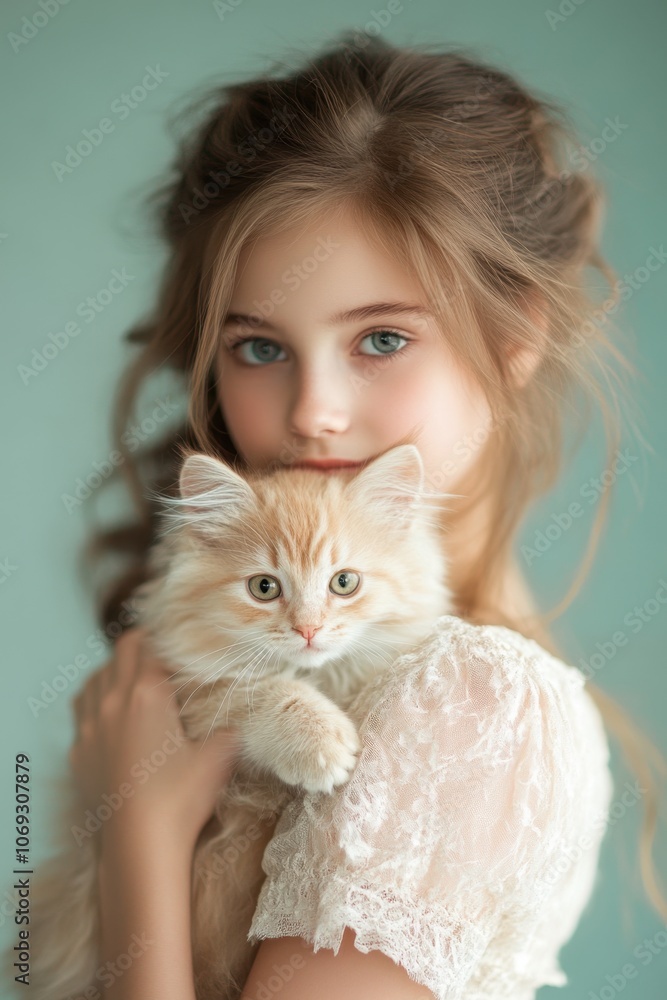 young girl with a fluffy white cat young girl with a fluffy white cat