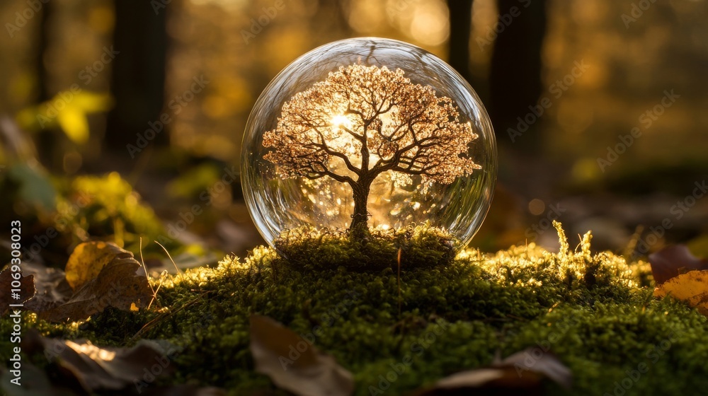 Tree encased in glass sphere at sunset in forest, magical nature concept Tree encased in glass sphere at sunset in forest, magical nature concept