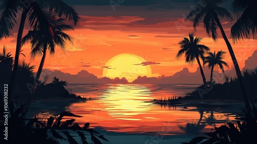 Stunning tropical sunset over ocean with silhouetted palm trees and vibrant sky, advertising concept for travel agencies