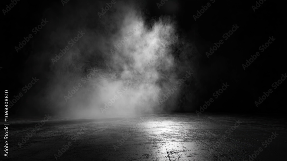 Black background with a spotlight on the floor, concrete texture, smoke in the air, empty space for product display or presentation design template. Black background with a spotlight on the floor, concrete texture, smoke in the air, empty space for product display or presentation design template.