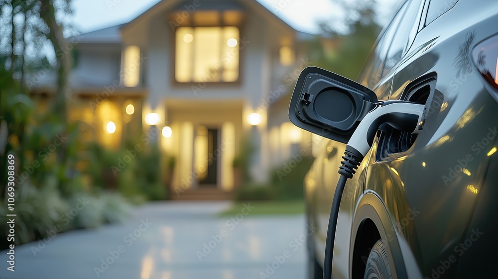 Naklejka premium An electric car charges at the driveway of a modern home, symbolizing sustainable living and eco-friendly technology in a residential setting.