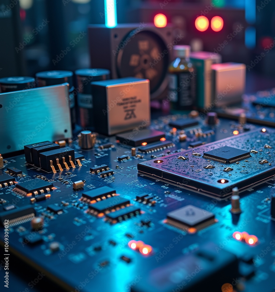 Vibrant close-up of electronic circuit board with glowing lights - perfect for tech blogs, IT websites, engineering presentations, and futuristic design projects Vibrant close-up of electronic circuit board with glowing lights - perfect for tech blogs, IT websites, engineering presentations, and futuristic design projects