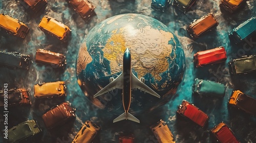 Aerial view of airplane flying over planet earth surrounded by colorful suitcases, travel adventure concept for advertising of travel agencies photo