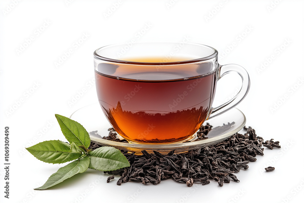 A cup of black tea with loose leaves next to it, isolated on a white background. A cup of black tea with loose leaves next to it, isolated on a white background.