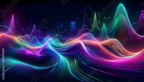 high-energy neon waves and glowing lines, abstract digital art inspired by sound, light, and movement