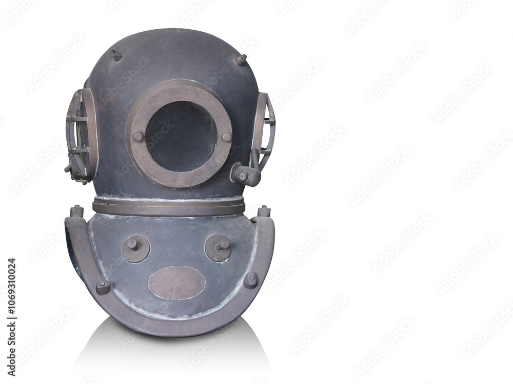 Obraz premium antique steel and copper and mirror diving helmet on white background, object, decor, fashion, safety, copy space