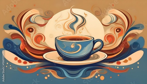 vintage coffee cup illustration with steaming swirl in teal and orange, classic retro art for warm, nostalgic mornings