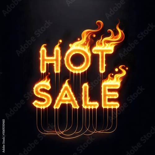 Hot sale inscription, banner on black background, hot sale text in form of burning letters 