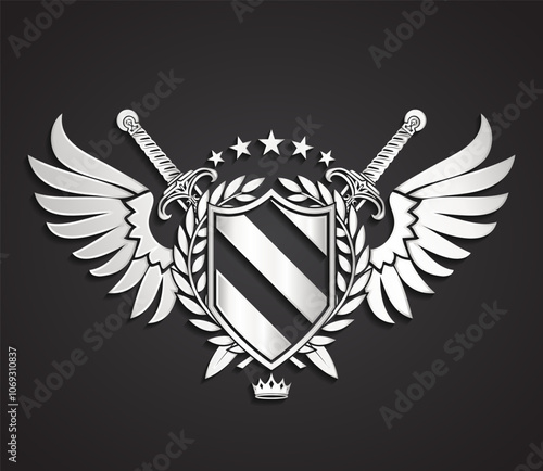 heraldry silver logo design royal shield symbol with wings swords stars crown and laurel wreath