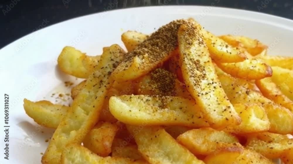 seasoning coating fries, highlighting the crispy texture and savory flavor in this close-up food video,close-up shot of fries as seasoning is applied, showcasing the crispy texture and savory seasonin seasoning coating fries, highlighting the crispy texture and savory flavor in this close-up food video,close-up shot of fries as seasoning is applied, showcasing the crispy texture and savory seasonin