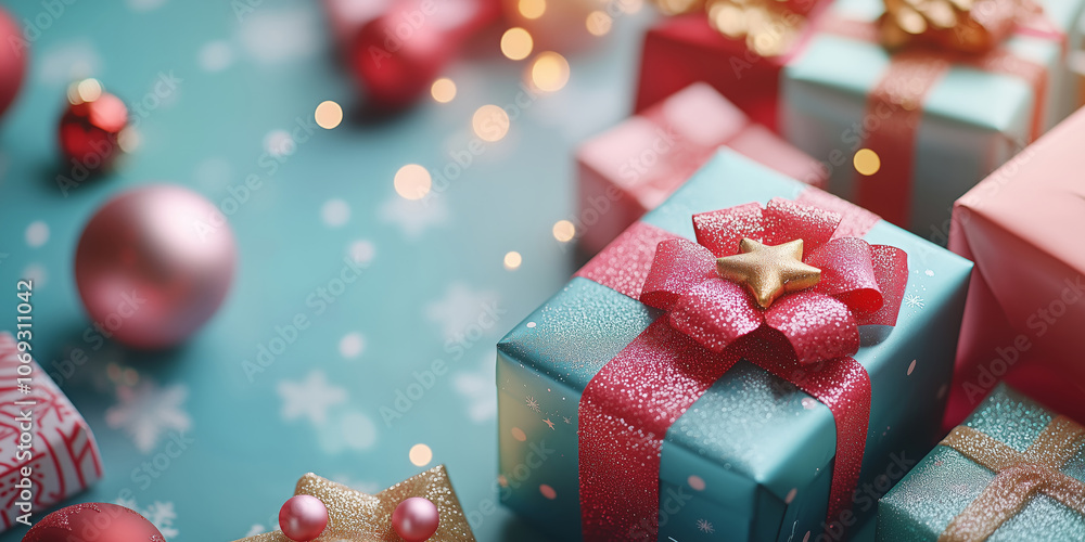 Fototapeta premium Delightful Christmas gifts surrounded by shimmering decorations and lights
