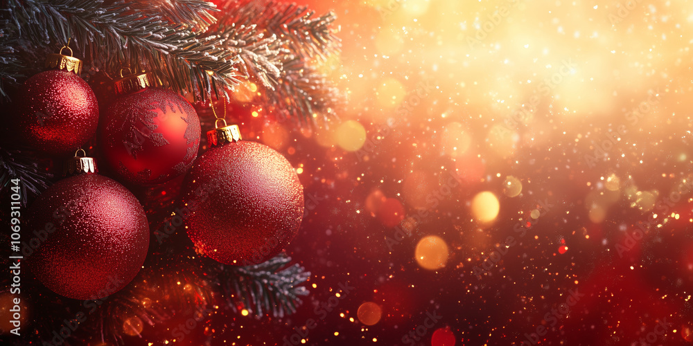 Celebrate the holidays with a banner of red Christmas ornaments Celebrate the holidays with a banner of red Christmas ornaments