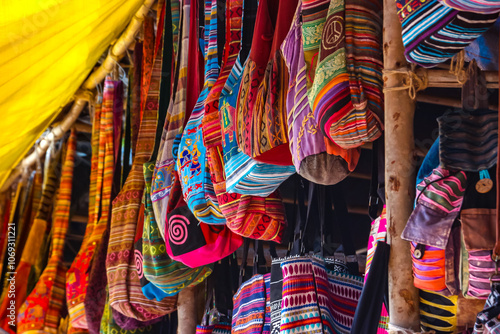 Beautiful handcrafted bags at street market in Arambol, Goa, India.