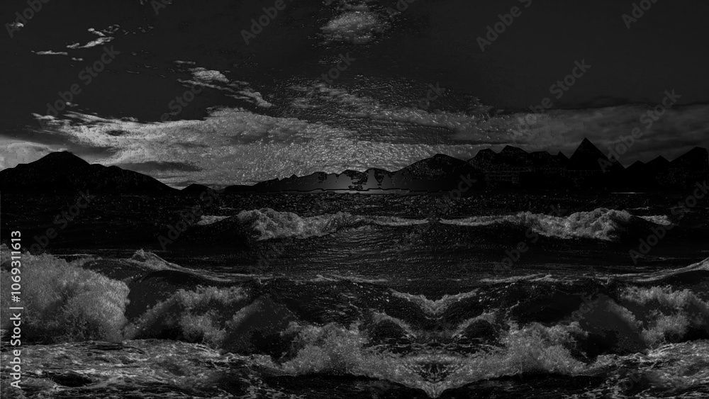 Abstract beauty in the real nature, cloudy blue sky, sea waves and mountains aestheics scene, great for decoration, travel, cover, advertisement, channel, website and print purposes Abstract beauty in the real nature, cloudy blue sky, sea waves and mountains aestheics scene, great for decoration, travel, cover, advertisement, channel, website and print purposes