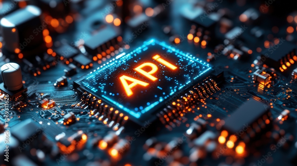 Fototapeta premium Close-up view with the acronym API displayed on a microchip, representing the concept of Application Programming Interface