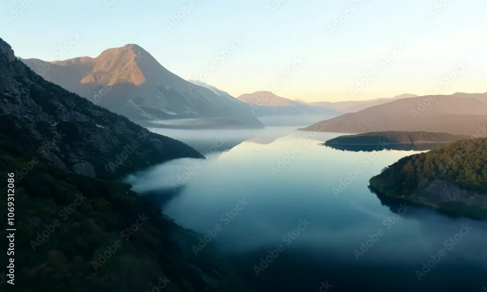 Scenic shot of a lake with morning fog, and a mountain in the background at sunrise Scenic shot of a lake with morning fog, and a mountain in the background at sunrise