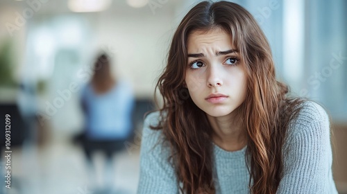 Wallpaper Mural Young woman sitting with a thoughtful expression, looking away from the camera. Torontodigital.ca