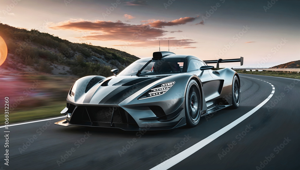 Beautiful modern sport car driving fast on scenic road at sunset , automotive background, tuning template, auto transport
