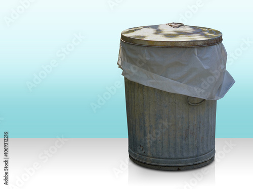 old and rust zinc bin on gradient white and blue background, object, ancient, decor, copy space photo