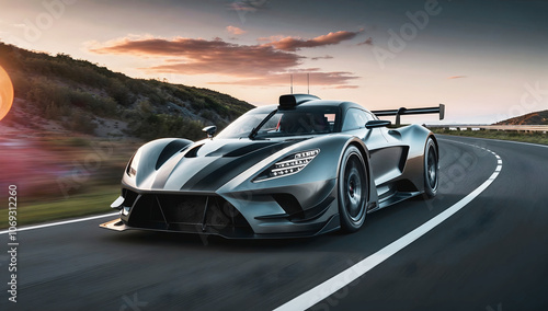 Beautiful modern sport car driving fast on scenic road at sunset , automotive background, tuning template, auto transport	