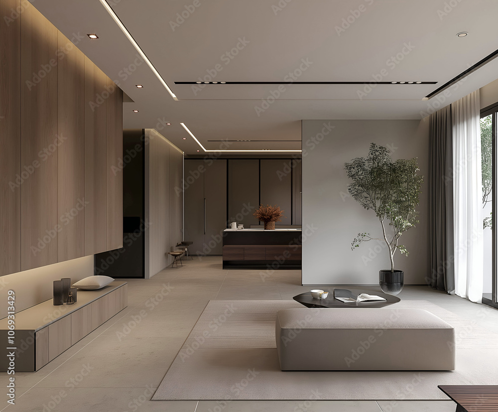 Aesthetic elegant minimalist modern interior design. Clear mock up empty wall for decoration in the apartment. Copy space in the room. Neutral palette of natural colors. Aesthetic elegant minimalist modern interior design. Clear mock up empty wall for decoration in the apartment. Copy space in the room. Neutral palette of natural colors.