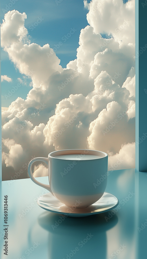A surreal photo of 3D digital art featuring a cup of milk and clouds.Minimal creative drink concept.Copy space,flat lay.Trendy social mockup A surreal photo of 3D digital art featuring a cup of milk and clouds.Minimal creative drink concept.Copy space,flat lay.Trendy social mockup