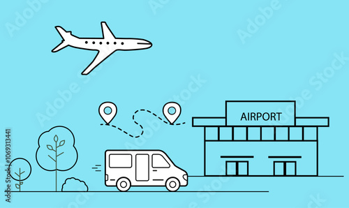 arriving man woman. Flying away man woman. taxi arriving. car. flight airplane airport. Vector design.