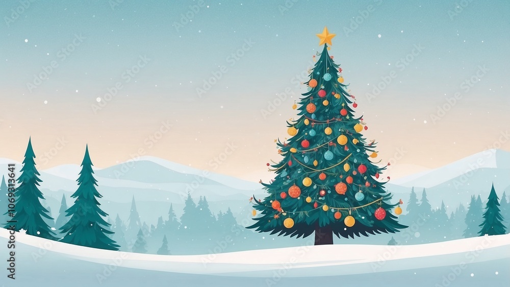 Fototapeta premium Minimalist Christmas card flat design featuring a big Christmas tree adorned with colorful ornaments and Copy Space