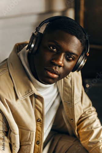 Man listening to music from wireless headphones