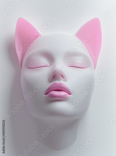 A beautiful pink cat-like woman surreal collage print on a white background, featuring a portrait of a female model with feline ears and a pointed nose, styled as a fashion magazine cover.