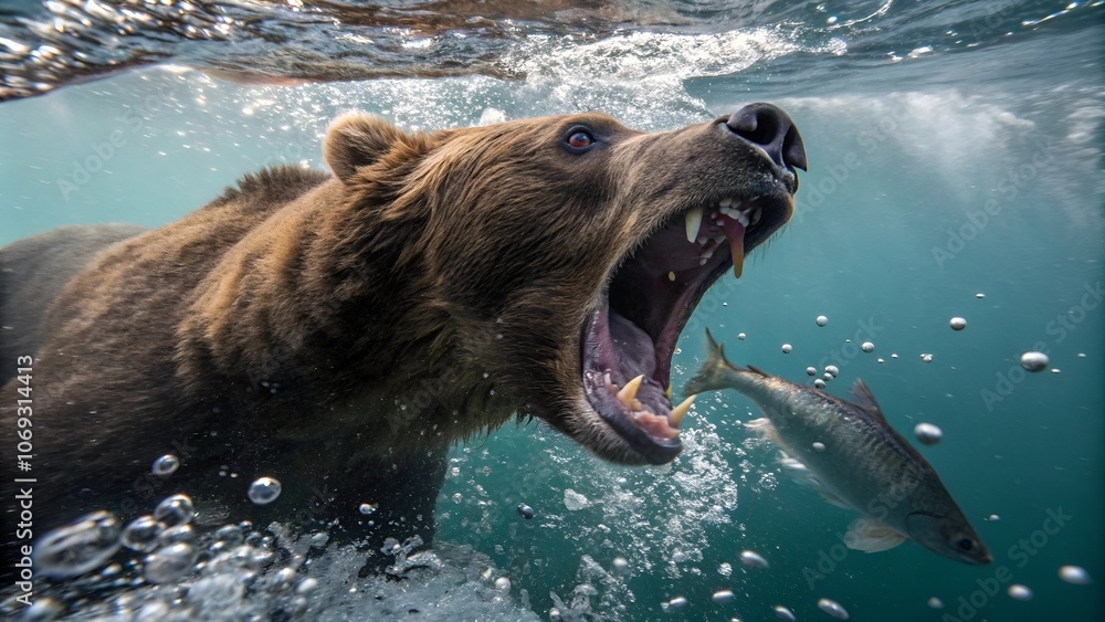 Obraz premium Underwater close-up of a bear lunging for fish with open mouth and bubbles
