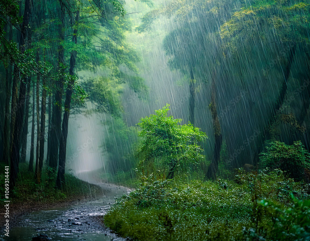Obraz premium An abundant torrential rain in the forest