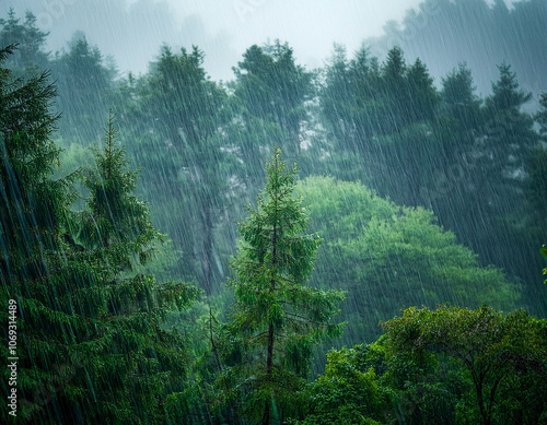 An abundant torrential rain in the forest photo