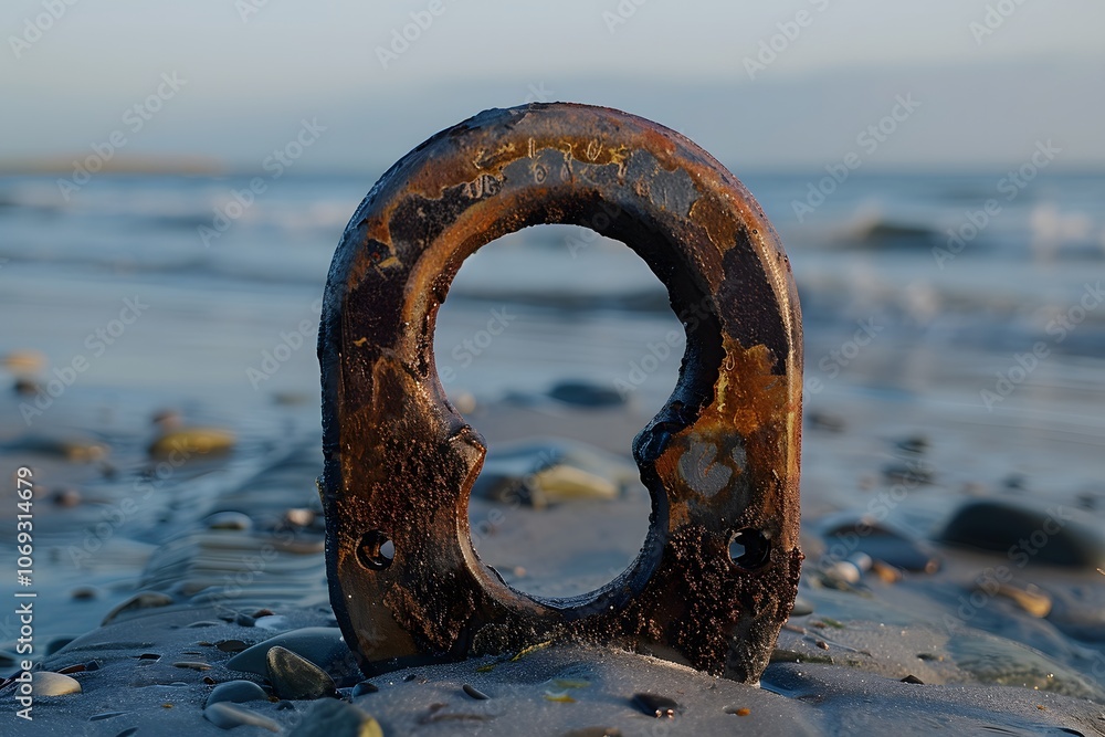 Fototapeta premium Rusty Metal Object on a Beach Shoreline with Gentle Waves in the Background