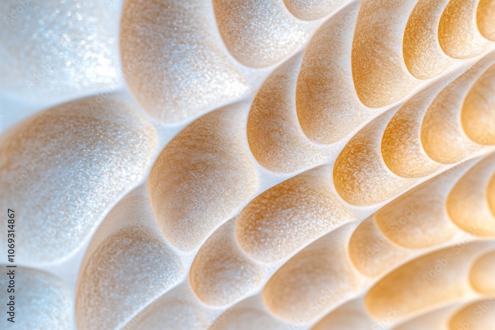 Fototapeta premium A detailed view of an iridescent shell surface reveals a stunning array of intricate textures and light reflections