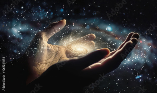 Hands Holding Galaxy in Space Night Sky Concept of Universe Creation and Cosmic Power