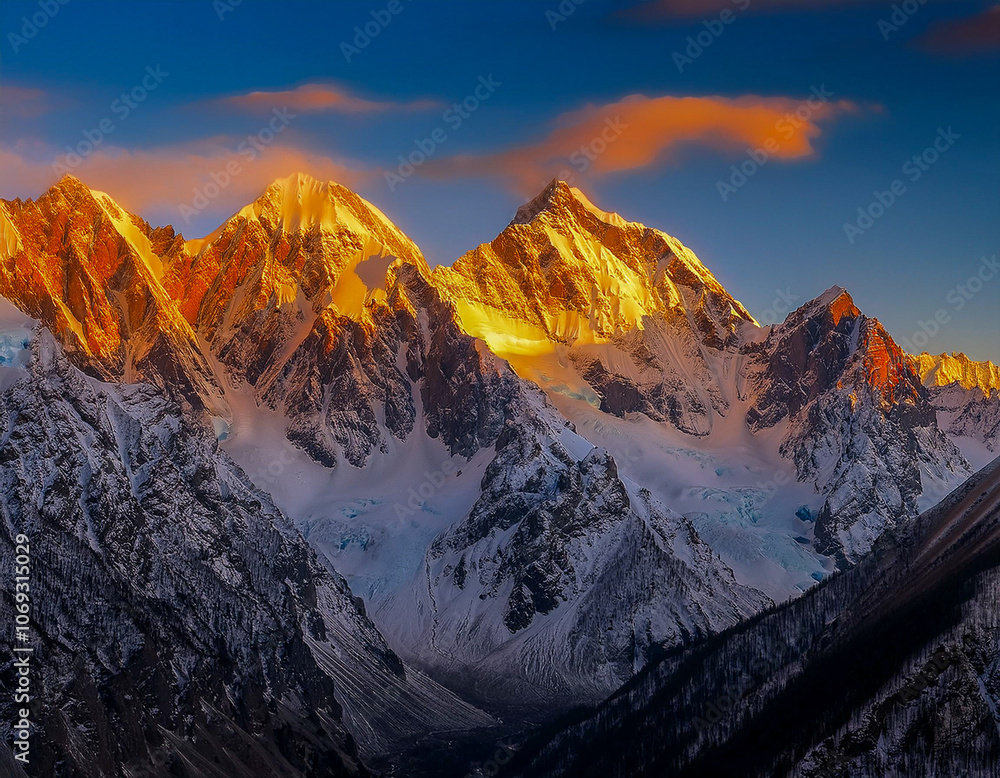 Fototapeta premium High rocky mountains covered with snow with colored peaks in the sunset sunlight