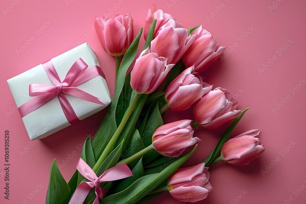 Pink tulips and gift box with ribbon on pink background. Overhead photography for celebration or gift concept Pink tulips and gift box with ribbon on pink background. Overhead photography for celebration or gift concept