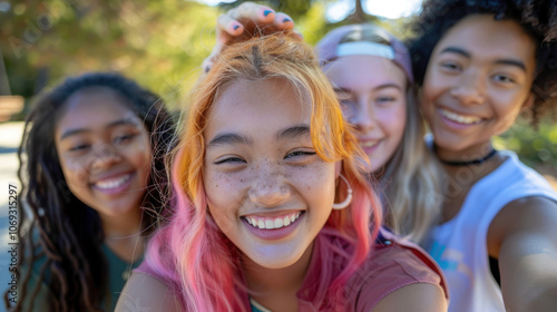 Multiracial teens capturing a fun selfie