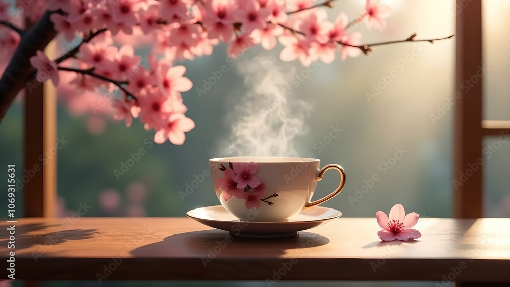 Tea parties with cherry blossoms and steam Tea parties with cherry blossoms and steam
