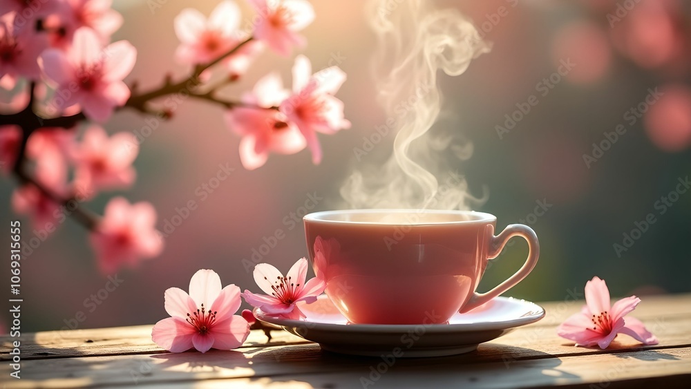 Tea parties with cherry blossoms and steam Tea parties with cherry blossoms and steam