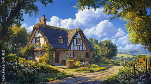 Klasyczna angielska chata z dachem pokrytym strzechą, która doskonale wpisuje się w sielankowy krajobraz wiejskiego otoczenia. © Sawyer0