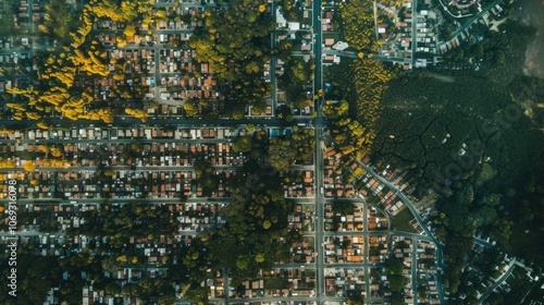 Aerial view of urban sprawl and natural landscape contrast in expanding cityscape photo