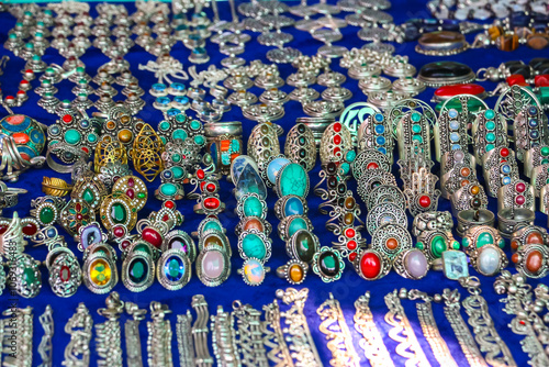 Beautiful indian jewelry at flea market in Anjuna, Goa, India.