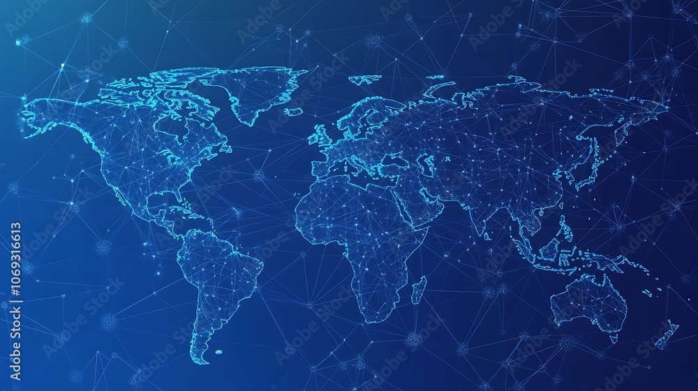 Fototapeta premium A blue, wireframe world map displays global interconnectedness. 